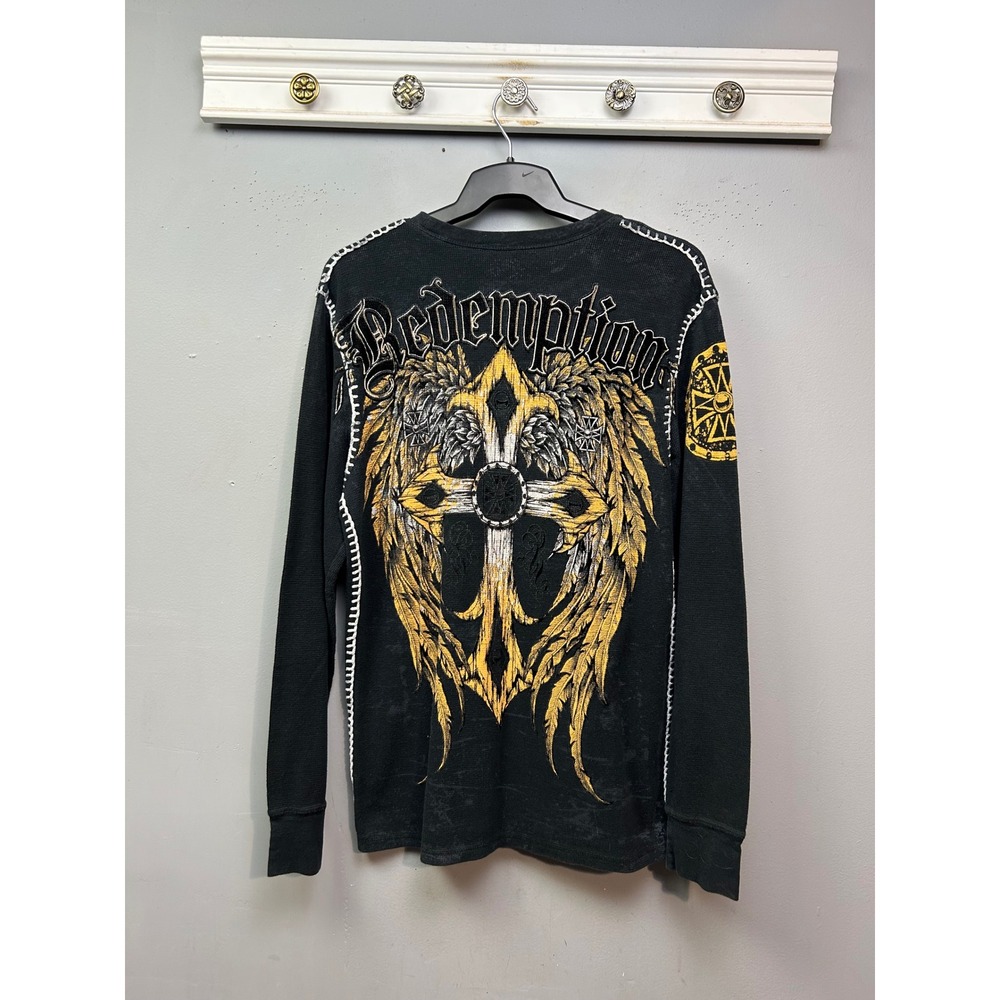 Raw State Thermal Shirt Mens Large Black Cross Wings Gothic Waffle Whipstitch